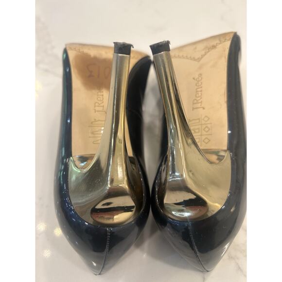 J.‎ RENEE Carrara Sz 7.5 M Navy Pointed Toe Gold High Heels Pumps Patent Leather - Picture 10 of 11